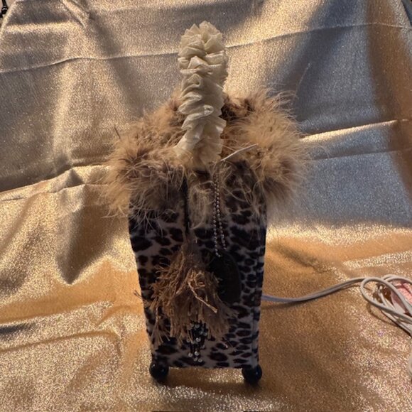 Leopard Fabric Purse Lamp / Night Light with Feathers - NEW - Picture 4 of 12